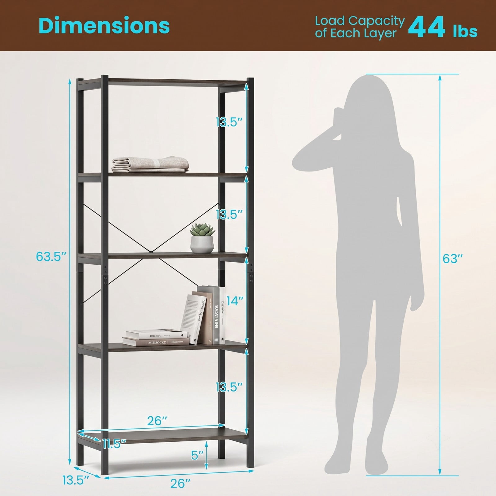 Furnibear 5-Tier Bookshelf Industrial Display Storage Rack Freestanding Open Bookcase with Sturdy Metal Frame for Home Office Living Room, Gray