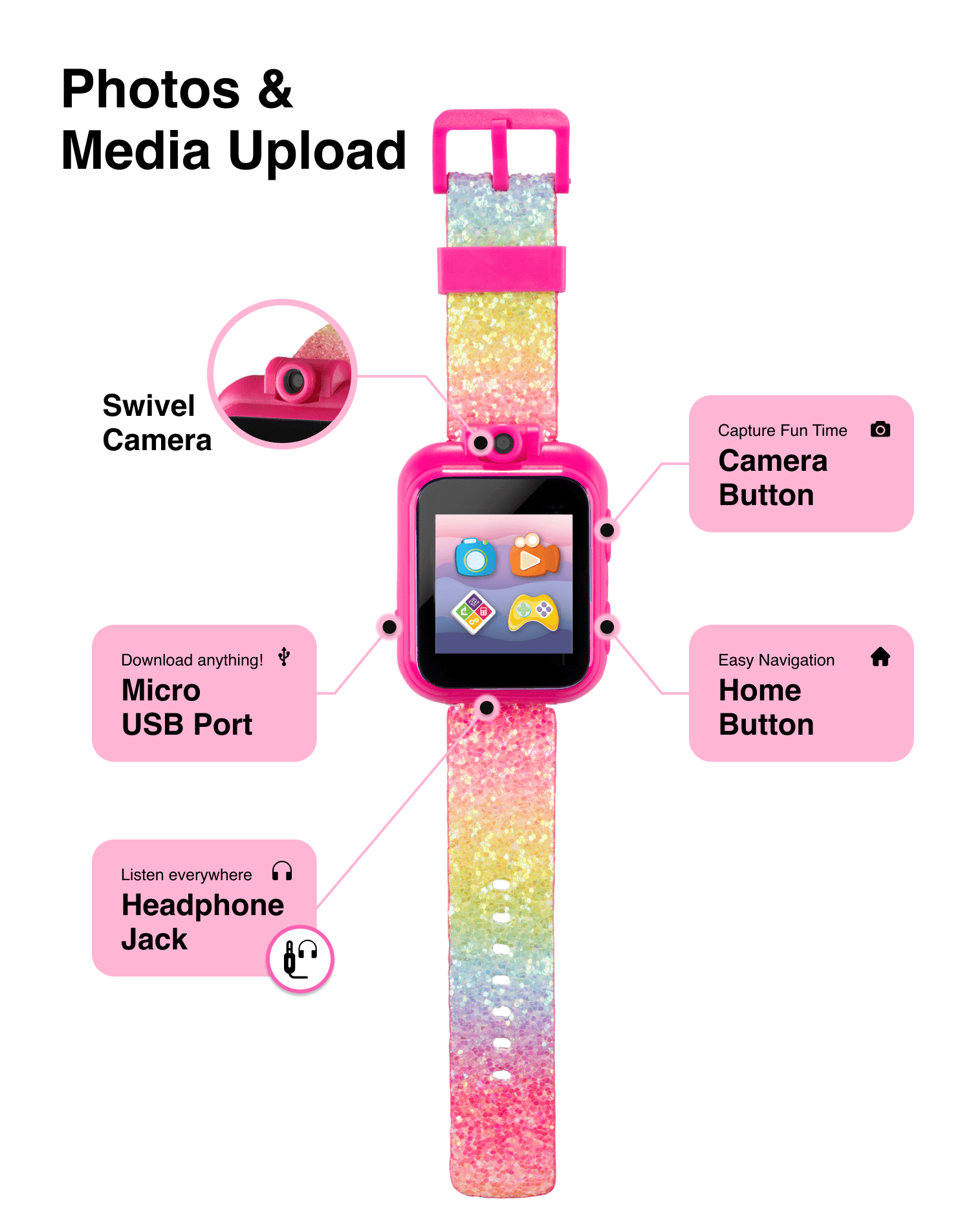 PlayZoom 2 Kids Smartwatch: Pastel Rainbow Glitter Print