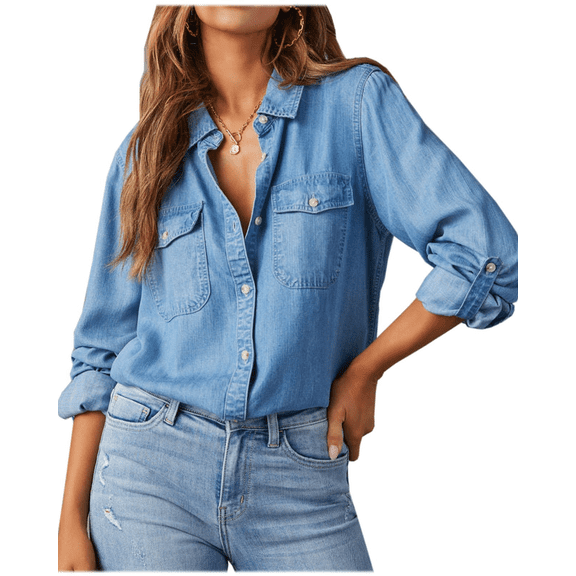 Xdegoge Denim Shirts Women Oversized Button Down Long Sleeve Blouse Collared Casual Jean Shirts with Pockets Trendy Loose Fit Dressy Casual Work Tops