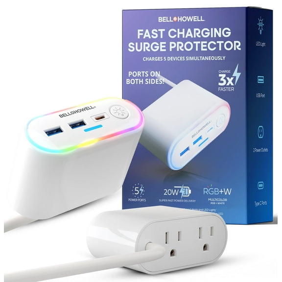 Bell Howell Multi USB Charging Station Power Hub, Wall Plug In Outlet Extender with 2 AC Outlets, Surge Protector Power Strip with 3 USB Ports With LED Lights, Fast Charging