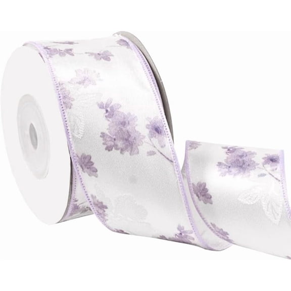 1 roll 1.5 Inch Floral Print Wired Ribbon Lock Edge Spring Ribbon Vintage Polyester Purple Flower Printed Ribbons Bulk with Spool for Sewing Making Crafts Wedding Wreaths Gift Wrapping DIY Supply
