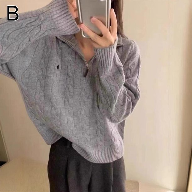 Suéter con media cremallera y bordado retorcido para mujer, nuevo suéter de punto suave y de alta calidad para otoño e invierno, top de estilo relajado para mujer.
