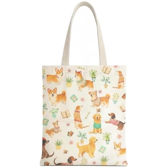 1-PACK Reusable Grocery Shopping Bag, Cute Dog Pattern Canvas Tote Bag with Magnetic Snap Closure and Zipper Inner Pocket