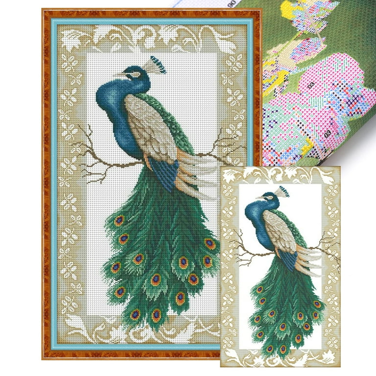 (D383) Hilo Algodón Ecológico Bordado No Manchú 14CT 2 Hebras Impresión 38*62cm Rama Pavo Real Kit Punto Cruz Serie Animal