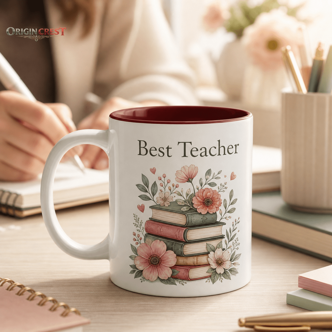 Best Teacher Personalized Mug, Floral Book Coffee Cup Gift for Educators