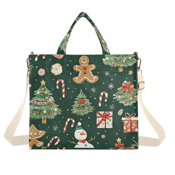 FORMRS Womens Corduroy Tote Bag Crossbody Shoulder Handbag with Pocket, Green Christmas Trees