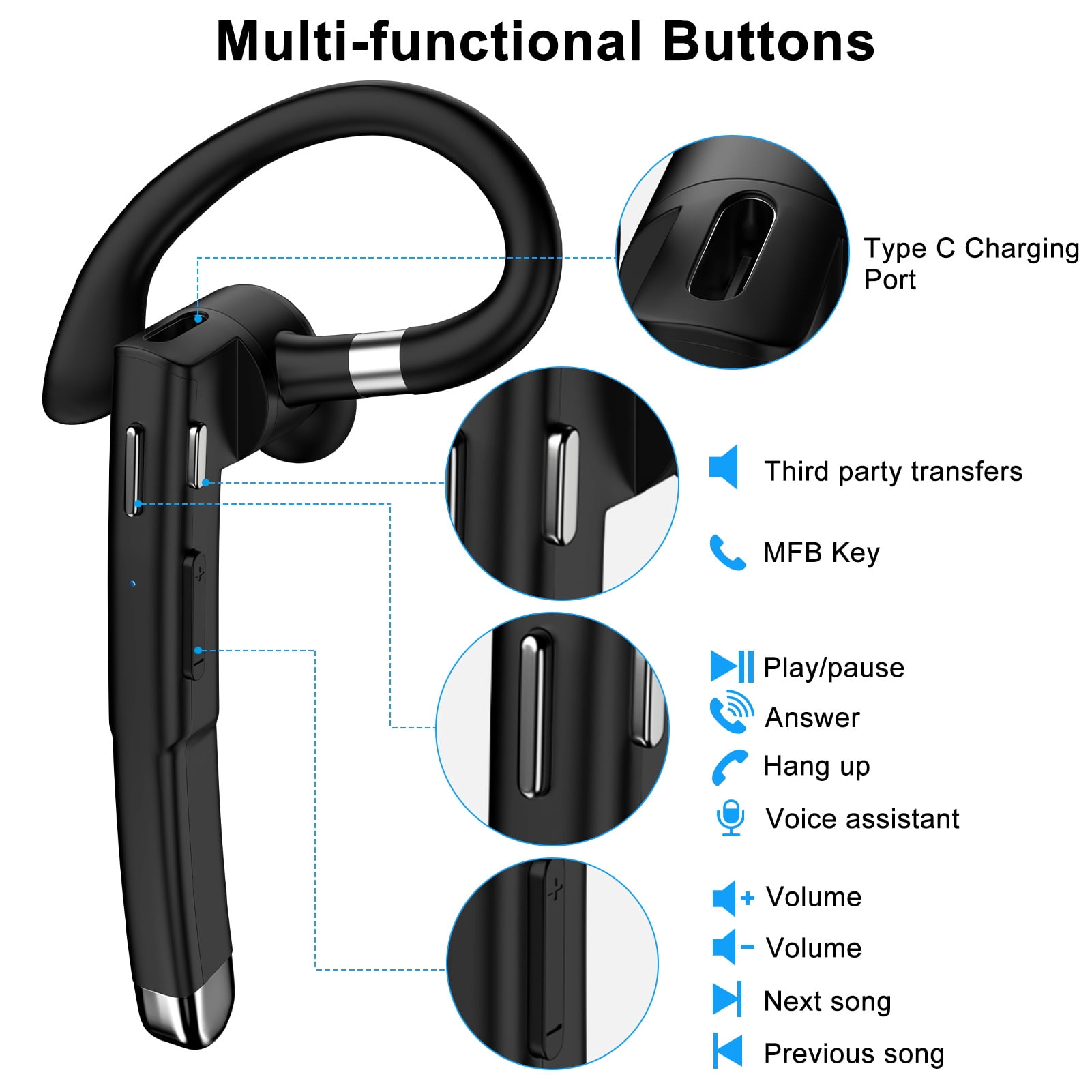 Bluetooth Headset,Wireless Bluetooth Earpiece for Cell Phone W 500mAh Charging Case 180Hrs Standby Time Built-in Microphone for iPhone,Android,Business Hands-Free Headphones for Truckers,Driver