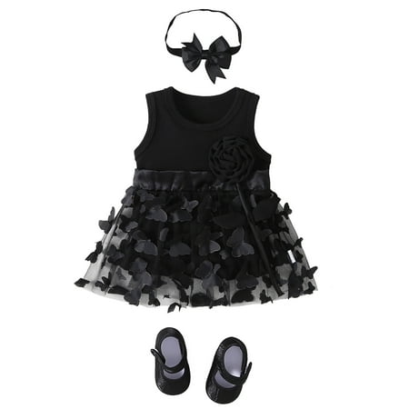 

Uuszgmr Baby Dress Girls Spring Summer Print Ruffle Sleeveless Princess Dress Shoes Headbands 3Pc Clothing Black Size:0-3 Months