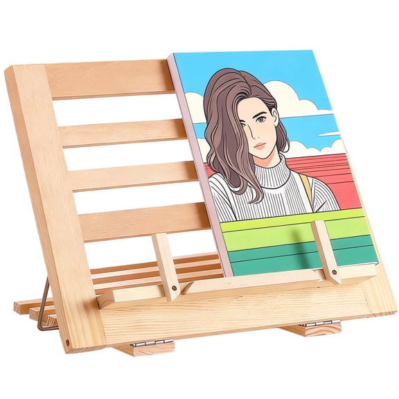 Adjustable Wooden Book Stand – Relieves Neck & Back Pain,Foldable Cookbook Holder with Flexible Page Holders,Portable Desktop Stand for Hands-Free Reading