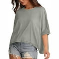 thumbnail image 4 of Jewelreauty Summer Womens Oversized Crewneck Shirts Batwing Short Sleeve Loose Tops Casual Solid Pullover Tee (M, Gray), 4 of 9
