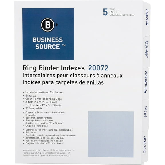 Business Source, BSN20072, 3-Ring 5-Tab Erasable Tab Indexes, 5 / Set