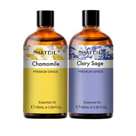 PHATOIL Chamomile and Clary Sage Pure Essential Oils Set for Diffusers,Aromatherapy,Skin,Body Massage,Humidifiers,Candle Making,Perfume,3.38Fl.Oz