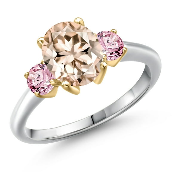 Gem Stone King 10K Two Tone Gold Peach Morganite and Pink Lab Grown Diamond Engagement Ring for Women | 2.10 Cttw | Oval 9X7MM | Gemstone October Birthstone | Size 8