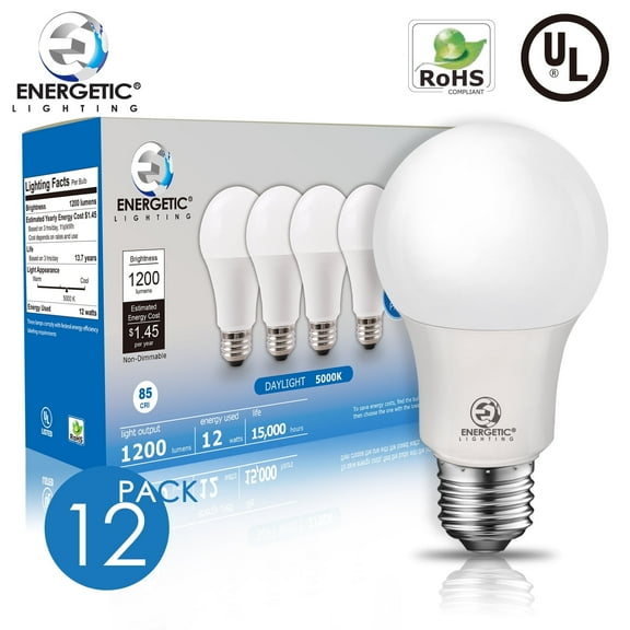 ENERGETIC A19 LED Light Bulb, 10 Watts(75W Equivalent), 5000K Daylight, 1200lm, UL Listed, E26 Base, 12 Pack