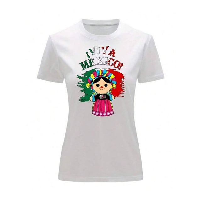 Playera Blusa De Viva Mexico Con Maria Lele Fiestas Patrias Independencia Color Blanco Talla Grande Marca Emil SaEs