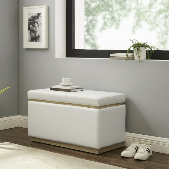 Linon Elta Rectangle Storage Ottoman, White Faux Leather
