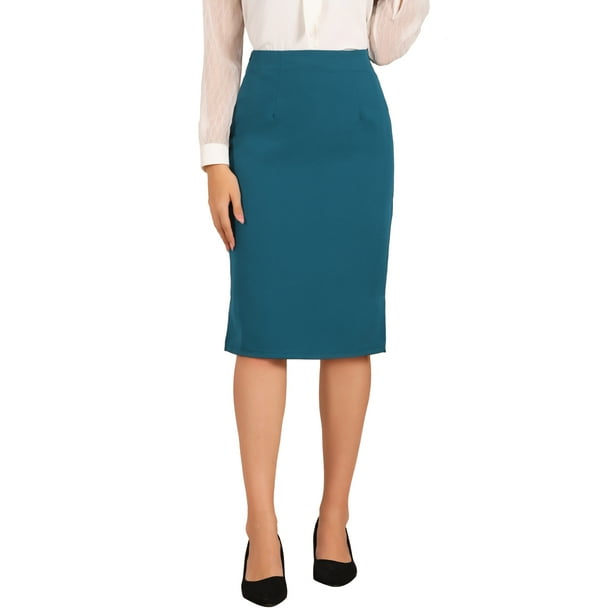 Falda Lápiz de Mujer Inspire Chic de Cintura Alta con Abertura y Cierre Invisible, Falda de Trabajo, S Azul Verde