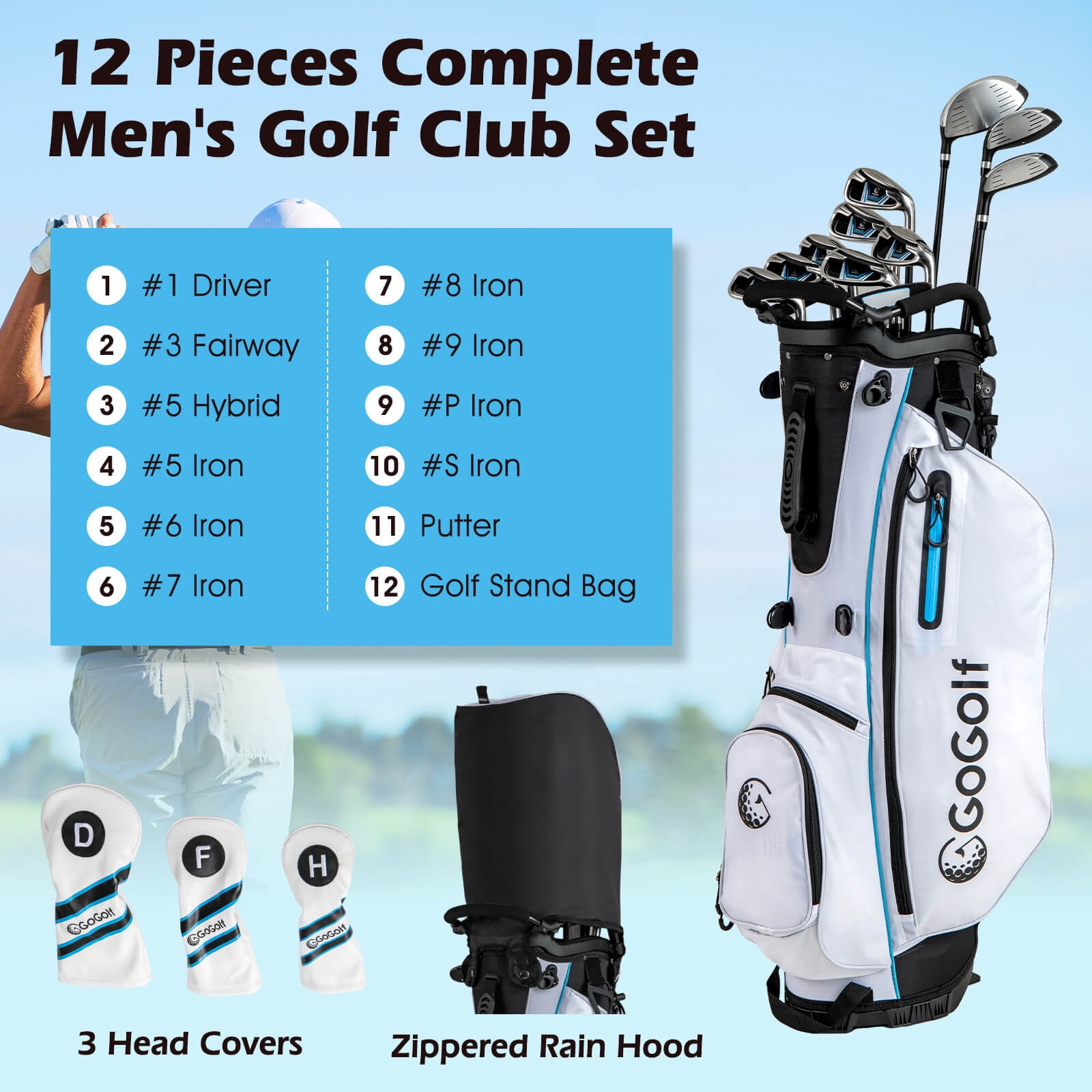 Costway 12 Pieces Men's Complete Golf Club Set Right Hand Includes 460CC #1 Driver White