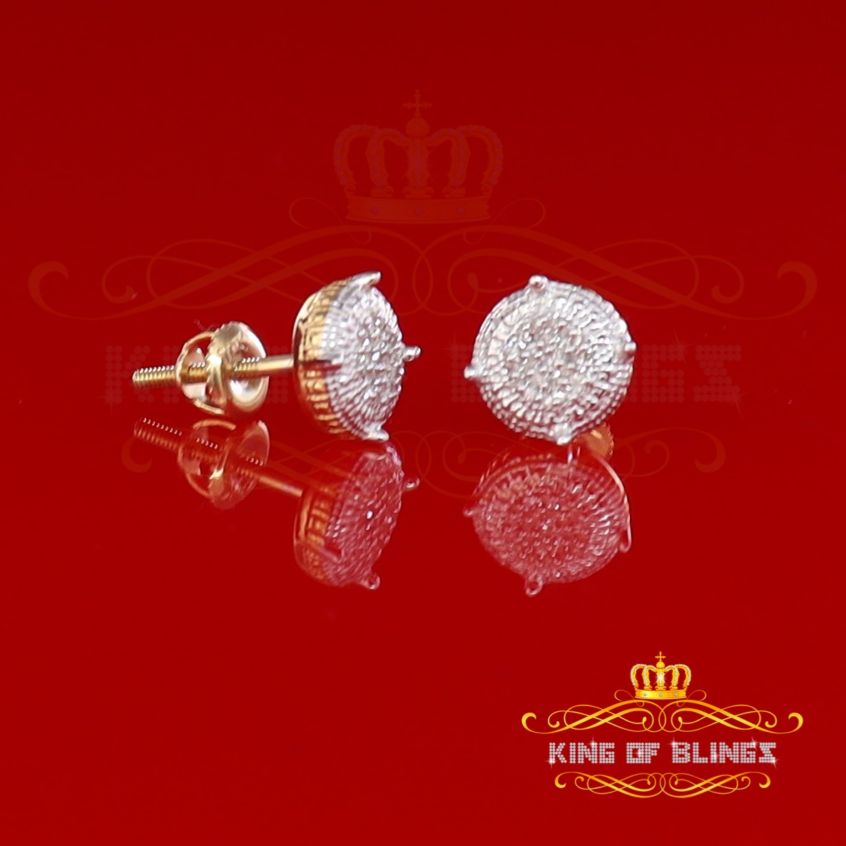 King of Bling's 10K Real Yellow Gold with 0.10 CT Diamond Round Stud Earring For Women And Men