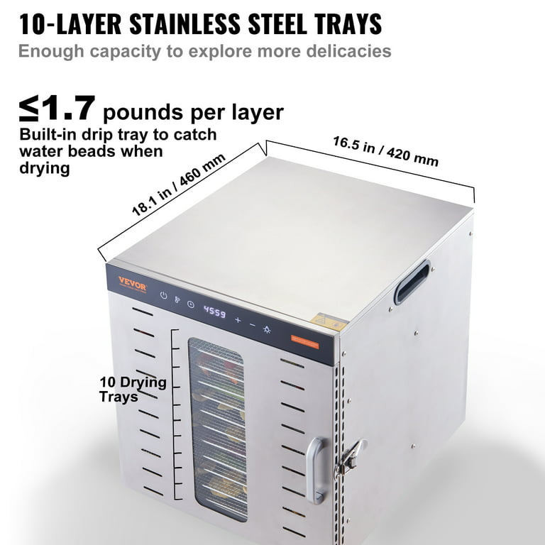 BENTISM 10 Trays Food Dehydrator Machine Stainless Steel 1000W Jerky Fruit  Drying