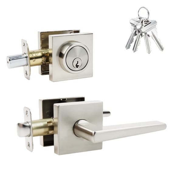 Front Door Lock sSet Front Door Handle and Deadbolt Set,Square Heavy Duty Exterior Door Knob with Deadbolt,Brushed Nickel,1pack