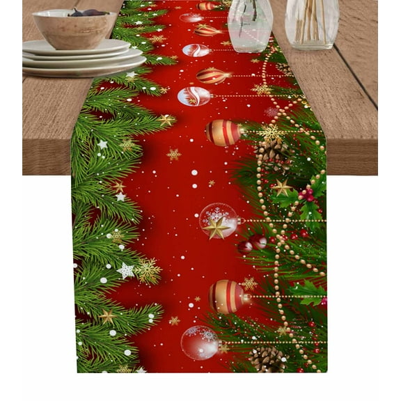 Christmas Balls Burlap-Cotton Table Runner 90 Inches Long,Red Green Xmas Tree Snowflake Farmhouse Table Runners,Outdoor Dining Tablecloths Decor for Baby Shower Party Wedding 13x90
