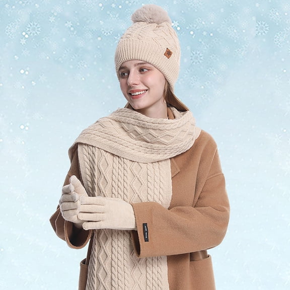 ZHOGXU Winter Beanie Hat Scarf Gloves Set For Women And Men Thick Caps Long Scarf Touchscreen Gloves Knitted Warm Comfortable Outfits 3 Pack For Daily Wear Beige One Size