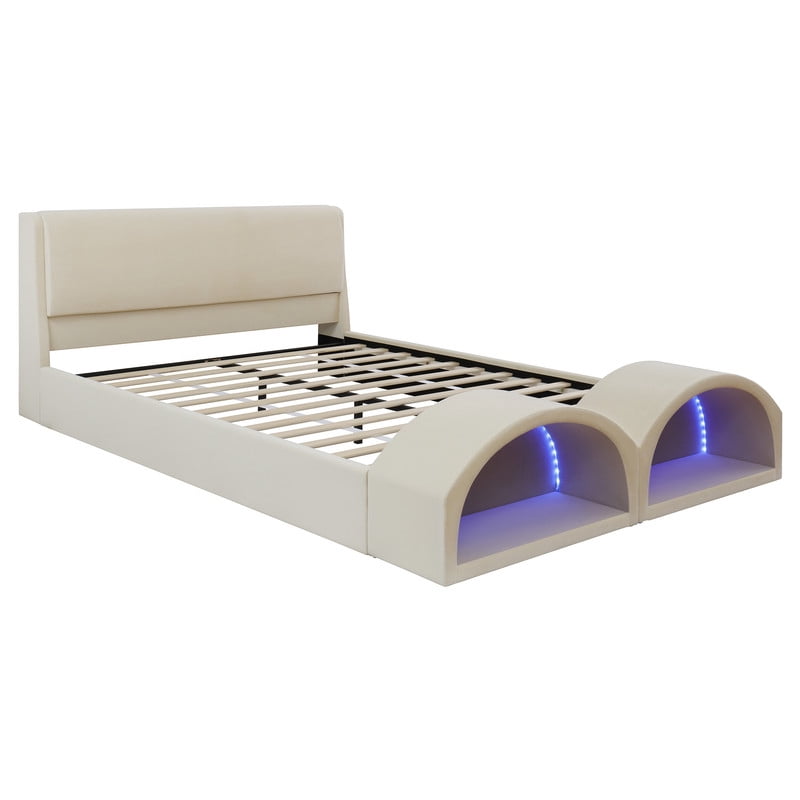 Queen Size Upholstered Platform Bed with LED Lights, Velvet Kids/Teens/Adults Low-Profile Bed Frame with Pet Nests at Footboard
