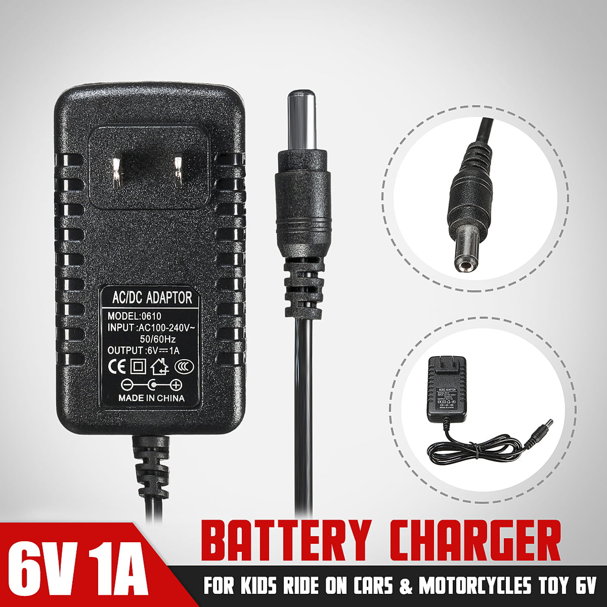 6V 500mA/1A Battery Charger Adapter For Kids Ride On Car ATV Quad 