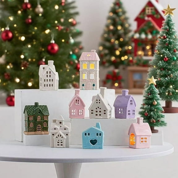 Desktop Items Ceramic Christmas Houses with LED Lights Glowing Christmas Tree Figurines Xmas Village Set Tabletop Decor for Winter Celebrations 1Pcs JASKFLY