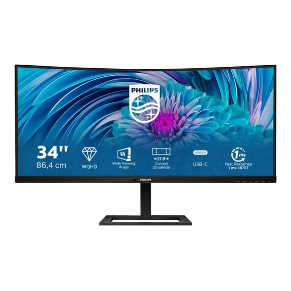 Philips E-line 346E2CUAE - LED monitor - curved - 34" (34" viewable) - 3440 x 1440 UWQHD @ 100 Hz - VA - 300 cd/m�� - 3000:1 - 1 ms - HDMI, DisplayPort, USB-C - speakers - textured black