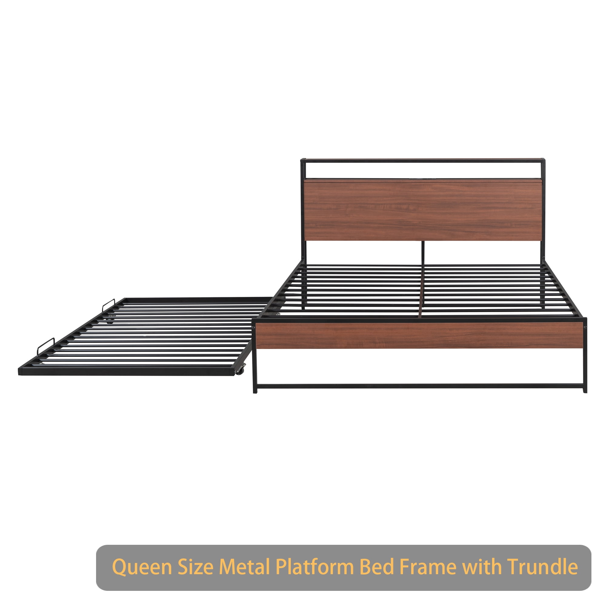 Queen Size Metal Platform Bed Frame with Trundle, USB Ports and Slat Support ,No Box Spring Needed Black