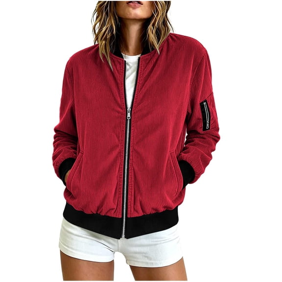 QQNHM Womens Corduroy Bomber Jacket Full Zipper Long Sleeve Lightweight Coat Fall Casual Baseball Outerwear