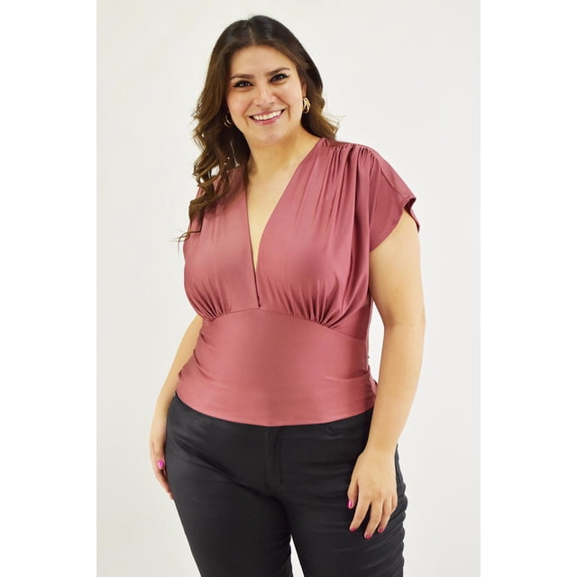 Blusa de satin cuello V Roman Fashion /Tallas Extras, 1836 (Palo de rosa) rosa 36