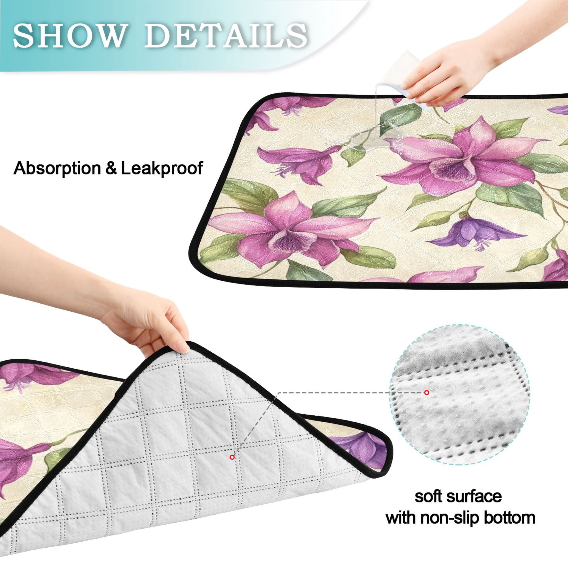 Qxltty A Pattern with Watercolor Fuchsia Orchids Cat litter Pads Pet Set of 3 Diaper Mats Center Anti-leakage Layer Absorbent Soft and Comfortable
