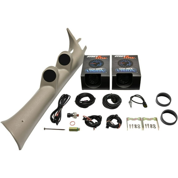 MaxTow | Factory Color Matched Tan Full Size Dual Pillar Pod for 2007-2013 Chevy Silverado 6.6 Duramax with MaxTow Black & Blue Double Vision Series 60 PSI Boost Gauge and Trans Temp Gauge