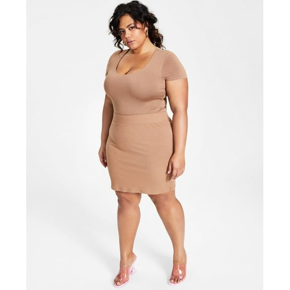 Bar III Plus Size Bodycon Scoop Neck Bodysuit Library Oatmeal 2X