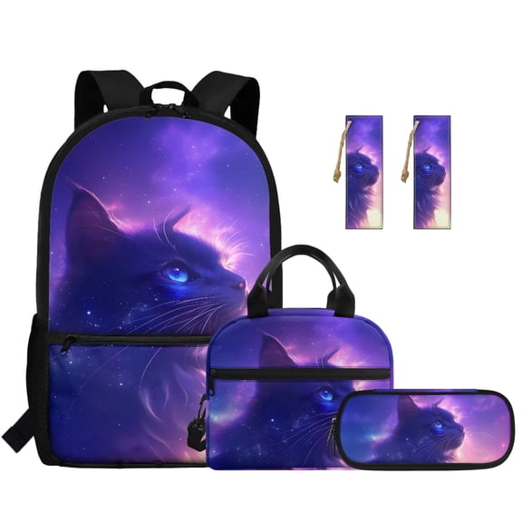 Jeiento Galaxy 17 Inch Kids Backpack Set of 5 for Girls Cute Cat Lightweight School Bag with Lunch Bag, Pencil Case and Bookmarks Breathable School Backpack for 9-12 Years Old