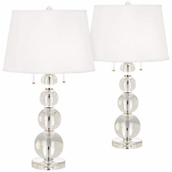 Vienna Full Spectrum Modern Luxury Table Lamps 26.5" High Set of 2 Stacked Clear Crystal Glass Spheres White Drum Shade Decor for Living Room Bedroom House Bedside Nightstand Home