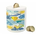 thumbnail image 3 of Sky Piggy Bank, Theme Clouds Smiling Sun Airplanes and Balloons Illustration Print, Ceramic Coin Bank Money Box for Cash Saving, 3.6" X 3.2", Yellow and Pale Blue, by Ambesonne, 3 of 4