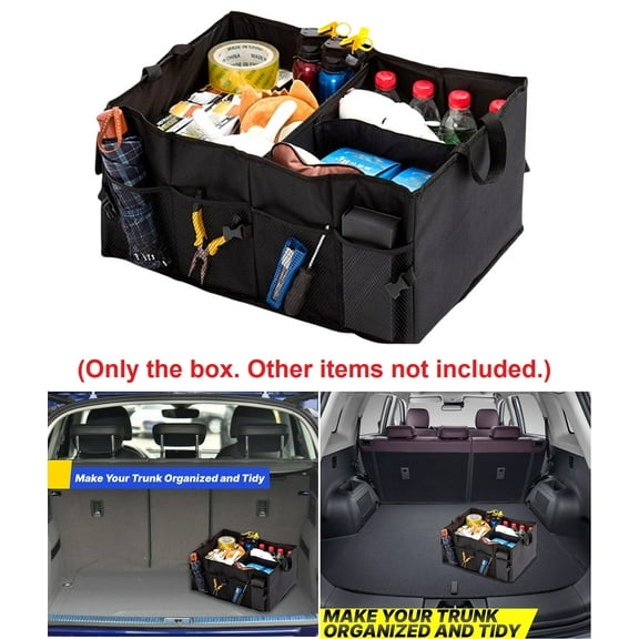Car Trunk Organizer, Foldable Car Storage Organizer Bin with 3 Main Compartments & 6 Pockets, 600D Collapsible Trunk Storage Organizer Box with Handle for SUV Auto Truck Van Grocery, Black