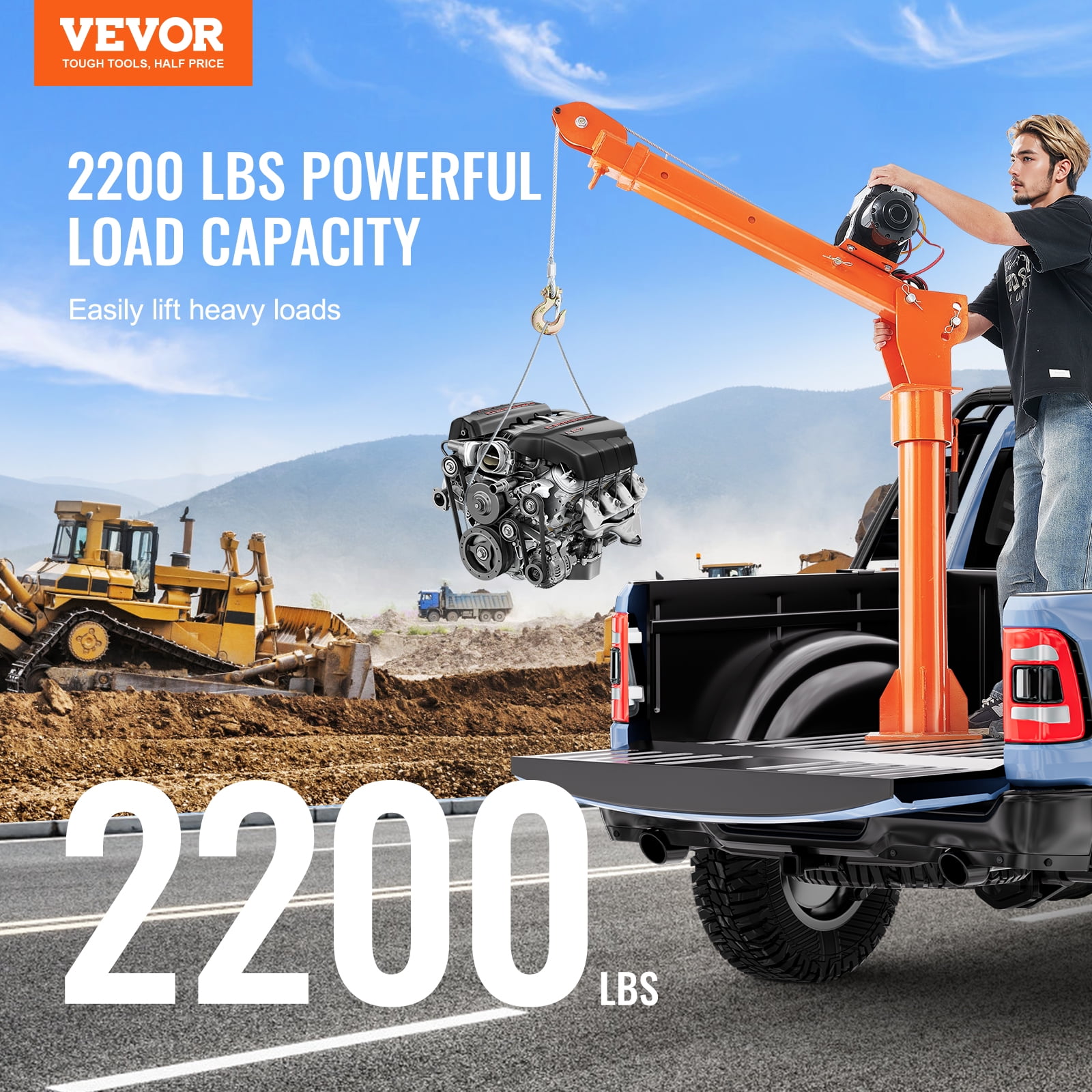 VEVOR Electric Pickup Truck Crane, 2200 lbs, Folding Truck-Mounted Bed Crane with Electric Winch 6000 lbs, Steel Pickup Truck Jib Crane Hoist 360° Swivel for Lifting Goods in Construction, Factory
