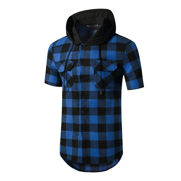 Zcfzjw Hoodie Shirts for Men Casual Summer Short Sleeve Buffalo Plaid Print Drawstring Hooded Tops Trendy Lightweight Comfy T-Shirt with Pockets Blue