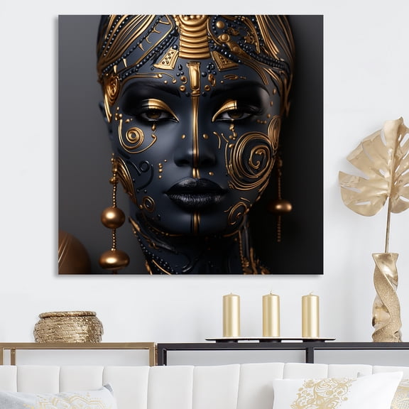 Designart "Expressive Tribes African Woman in Black and Gold II" Fashion Wall Art - Glam Black Woman Bedroom Canvas Wall Art