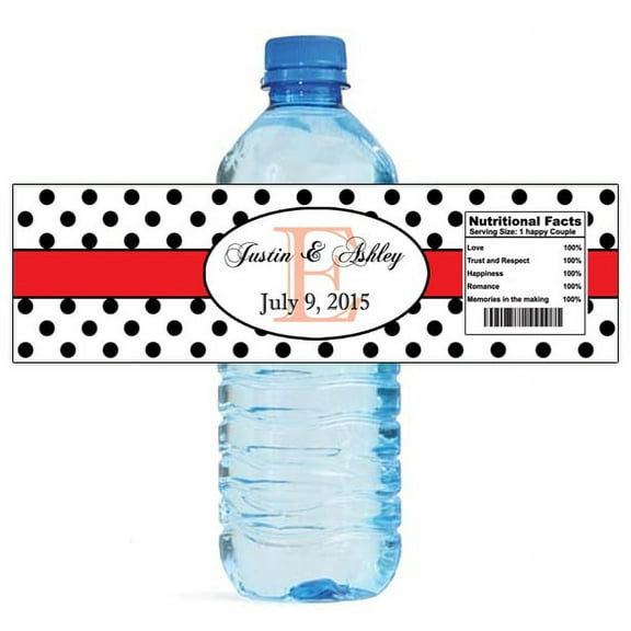 100 Polka Dot Red Monogram Wedding Engagement Party Water Bottle Labels 8"x2"