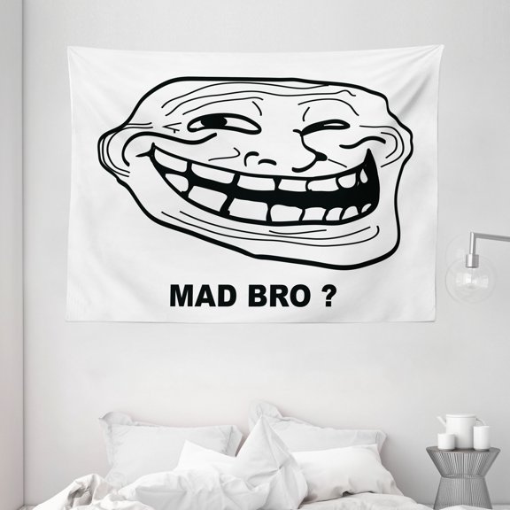 Humor Decor Tapestry, Cartoon Style Troll Face Guy for Annoying Popular Artful Internet Meme Design, Wall Hanging for Bedroom Living Room Dorm Decor, 80W X 60L Inches, Black White, by Ambesonne