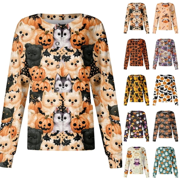 Scrub Jacket Printed Nurse Jackets Long Sleeve Button Down Plus Size Scrubs Medical Work Uniform with Pocket