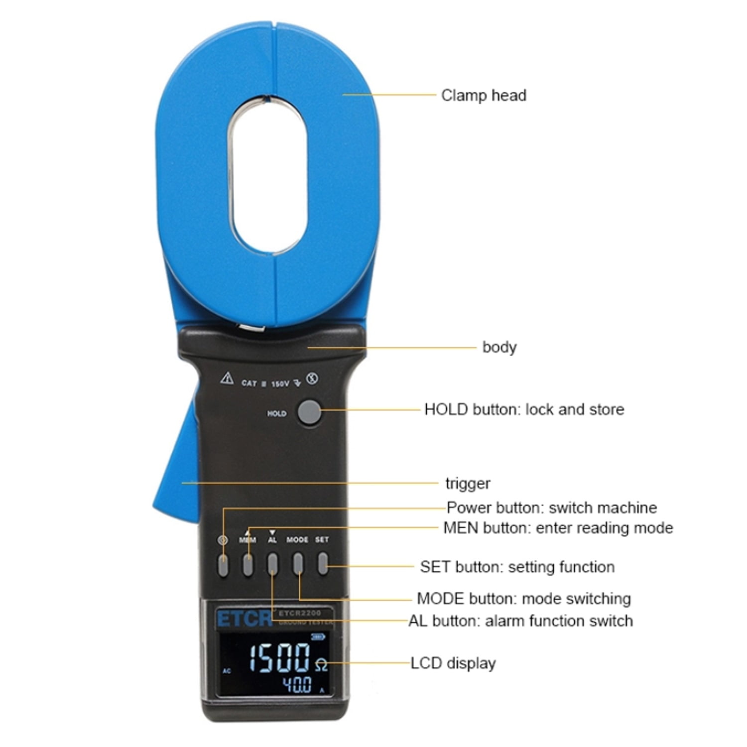 ETCR2200 Earth Ground Resistance Clamp Meter Multi-Functional Clamp 0.01-1500ohm/0.00mA-40.0A Clamp Earth Resistance Tester ,Efficient Features