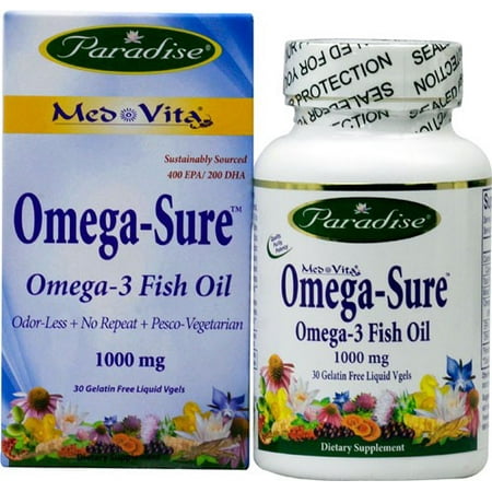 Paradise Herbs Med-Vita Omega-Sure oméga-3 d'huile de poisson 1000 mg - 30 Gélatine liquide libre Vgels