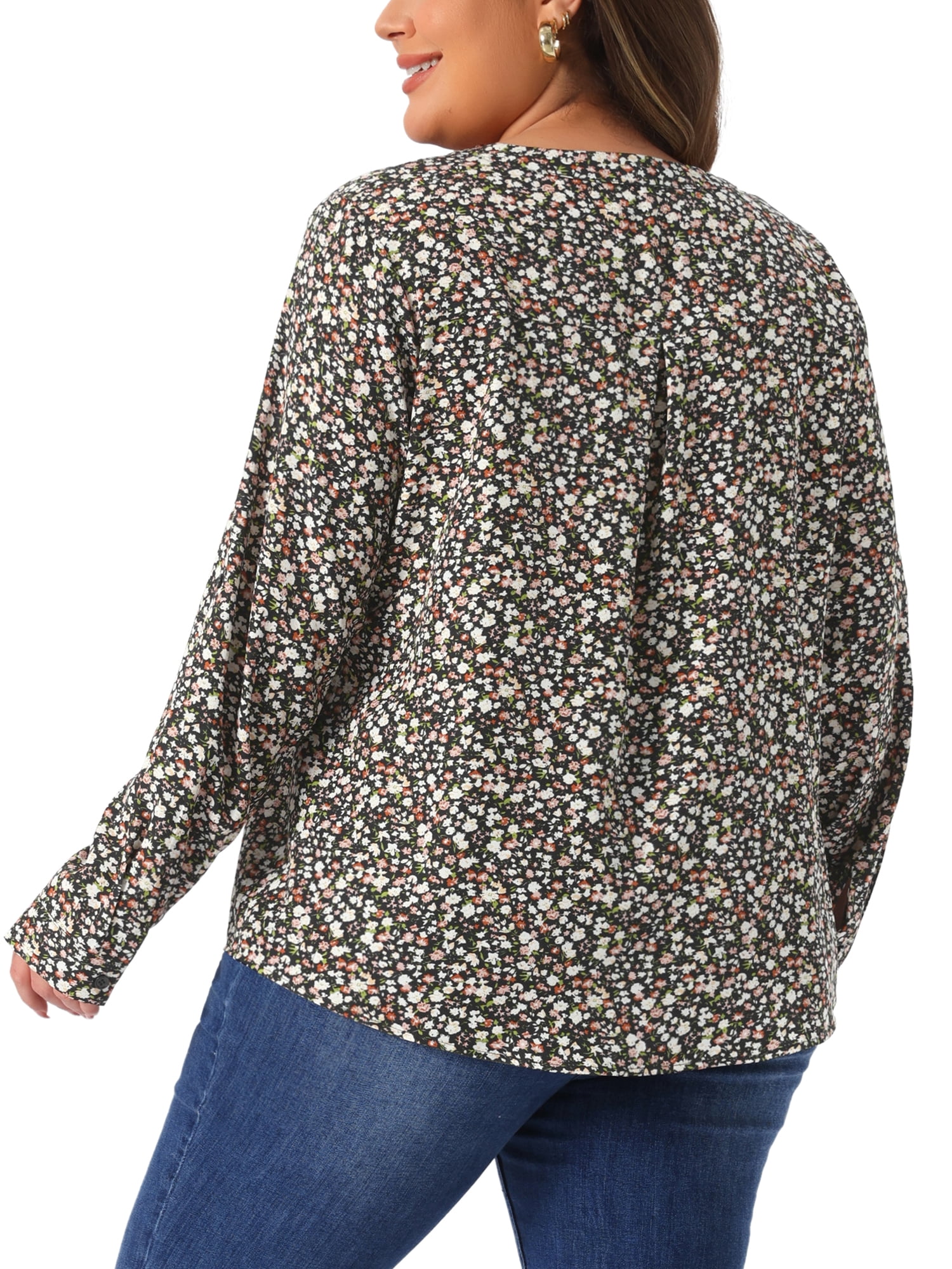 DARING DIVA Women's Plus Size Floral Long Sleeve Button Down Shirt 1X Black